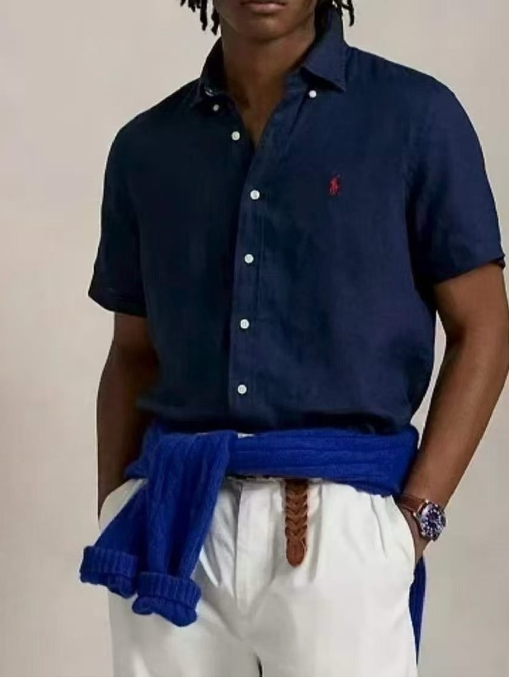 NWT Polo Ralph Lauren Men’s Navy Blue Short-Sleeve Button-Down Linen Shirt L